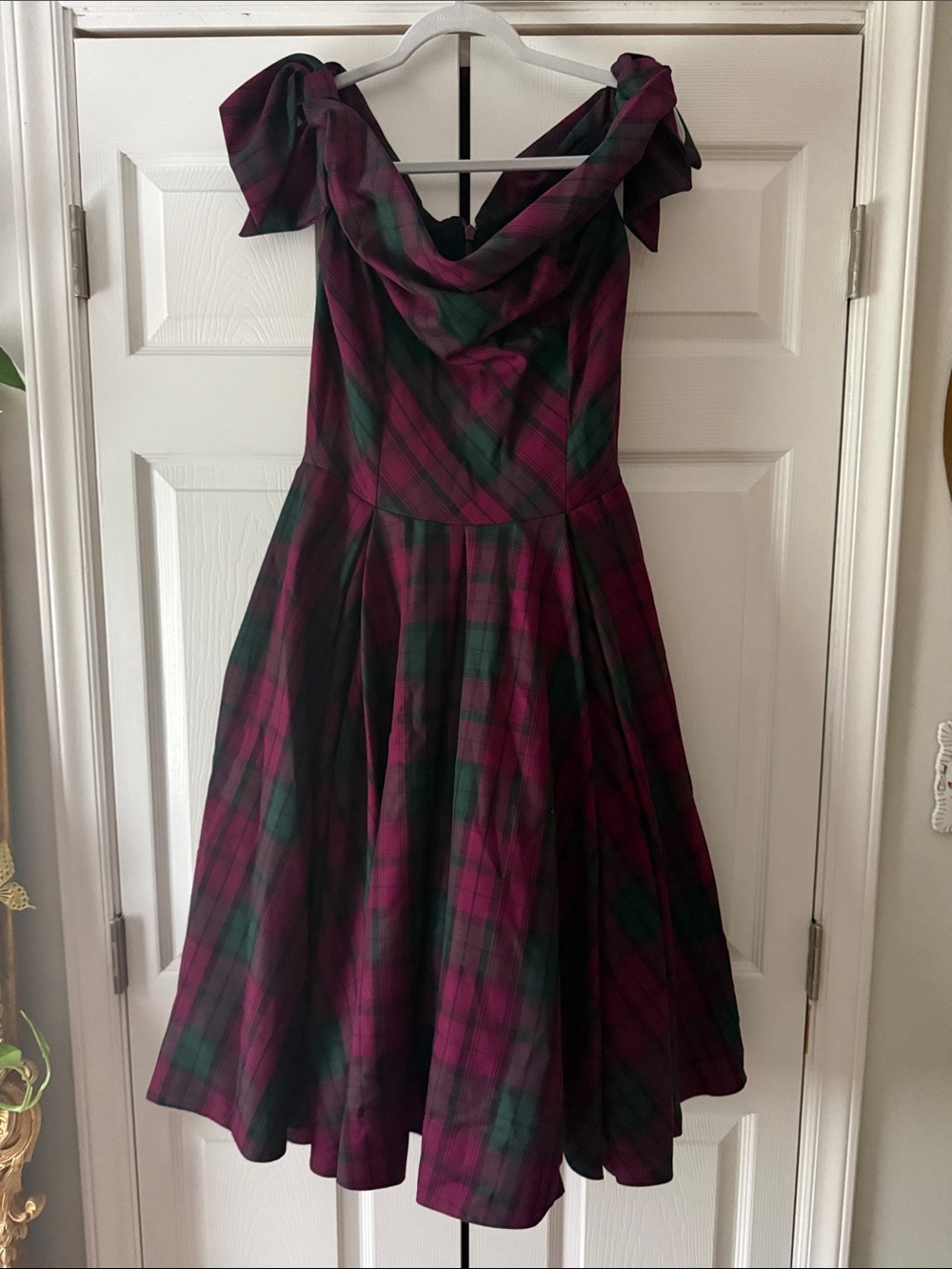 Plaid Magenta & Forest Green Fit-and-Flare Midi Dress